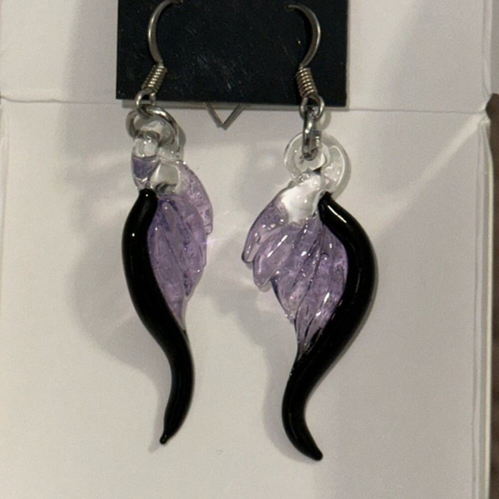 Black and Purple Glass Wing Earrings Unique Hand-shaped Torchwork